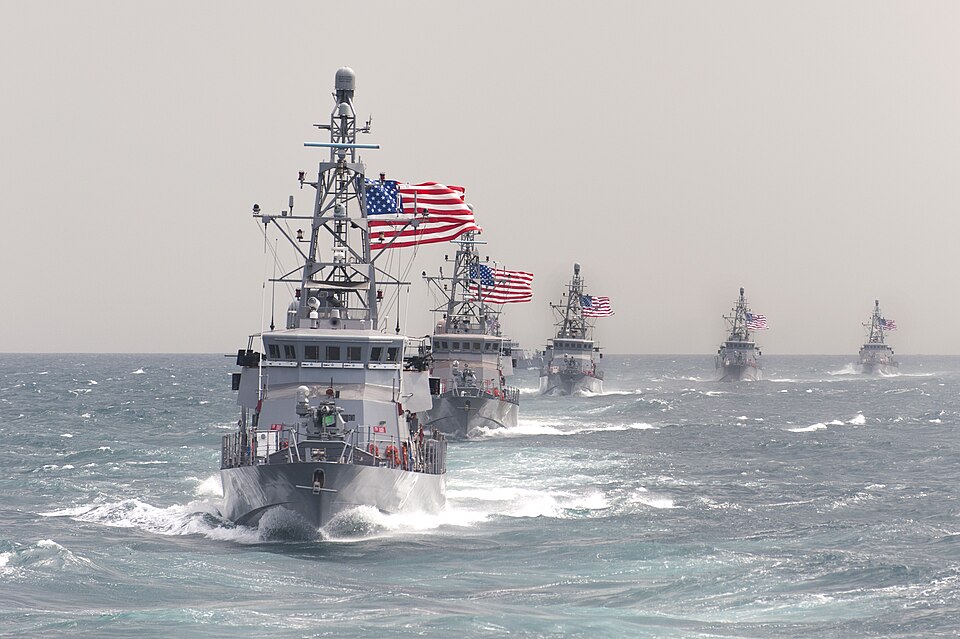 The U.S. Navy Cyclone-class coastal patrol ship USS Hurricane (PC-3) leads other coastal patrol ships assigned to Patrol Coastal Squadron 1 (PCRON 1) in formation during a divisional tactics exercise in the Persian Gulf. PCRON-1 was deployed supporting maritime security operations and theater securi
