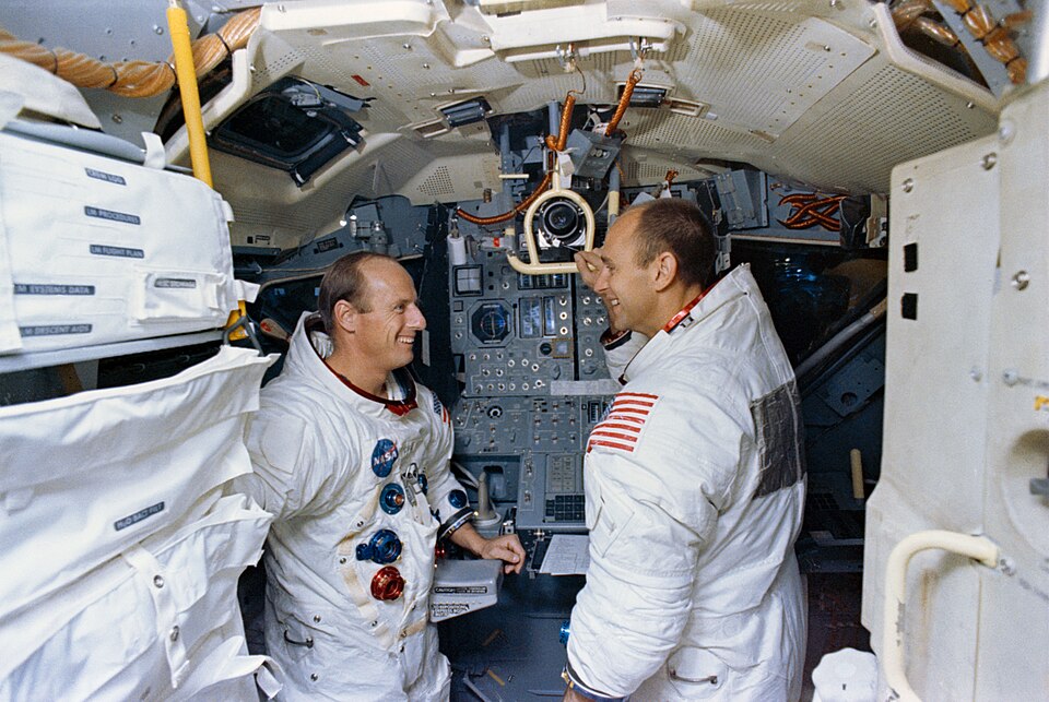 S69-56699 (22 Oct. 1969) --- Astronauts Charles Conrad Jr. (on left), commander; and Alan L. Bean, lunar module pilot, are shown in the Apollo Lunar Module Mission Simulator during simulator training at the Kennedy Space Center (KSC). Apollo 12 will be the National Aeronautics and Space Administrati