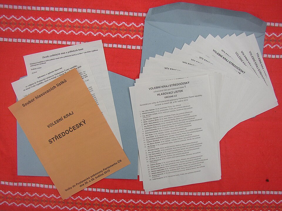 Set of ballots accompanied by instruction sheets for 2010 Czech legislative election. This is the content of an envelope delivered to each voter approximately one week (at least three days) prior to elections. The final distribution of these sets is organized through mayors of each municipality. Gen