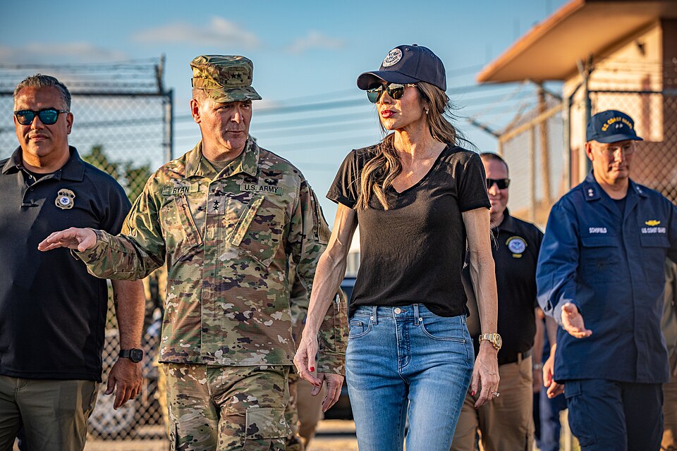 Department of Homeland Security (DHS) Secretary Kristi Noem, right, visits Naval Station Guantanamo Bay, Cuba, Feb. 7, 2025. Joint Task Force Southern Guard the illegal aliens holding operations led by DHS at Naval Station Guantanamo Bay, Cuba. (U.S. Army photo by Staff Sgt. ShaTyra Cox)