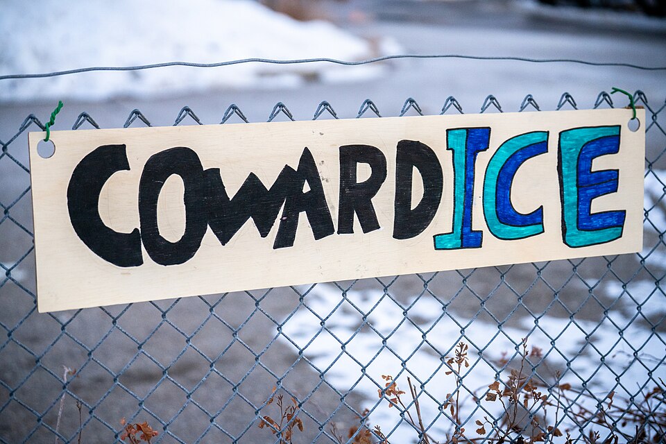 CowardICE protest sign in Minneapolis
Protests continue outside the Whipple federal building just outside of Minneapolis, where the facility is being guarded by the United States Bureau of Prisons. Previously, it was guarded by the United States Border Patrol.

Credit photo to Chad Davis
