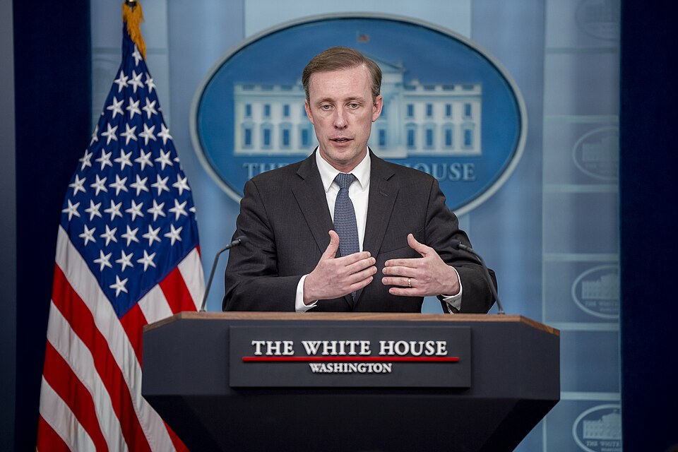 National Security Adviser Jake Sullivan speaks during a press briefing in the James S. Brady Press B