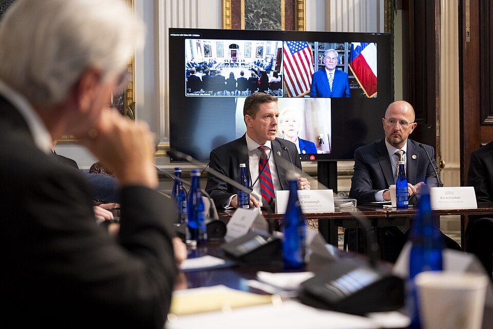 Department of Homeland Security (DHS) Secretary Kristi Noem attends the initial meeting of the Federal Emergency Management Agency (FEMA) Review Council at the Eisenhower Executive Office Building in Washington, D.C., May 20, 2025. (DHS photo by Tia Dufour)