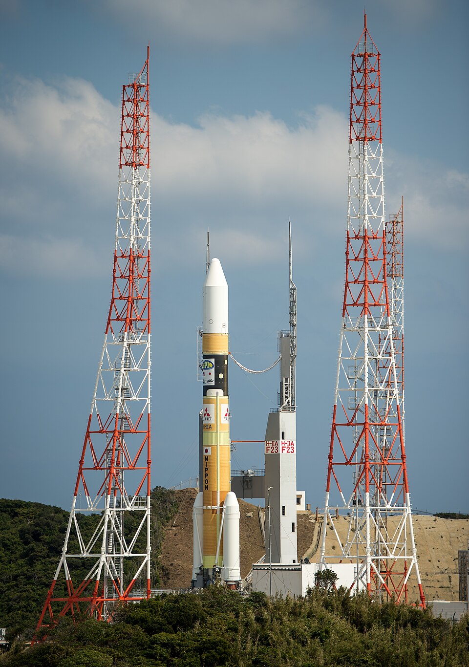 A Japanese H-IIA rocket carrying the NASA-Japan Aerospace Exploration Agency (JAXA), Global Precipitation Measurement (GPM) Core Observatory is seen as it rolls out to launch pad 1 of the Tanegashima Space Center, Thursday, Feb. 27, 2014, Tanegashima, Japan. Once launched, the GPM spacecraft will co