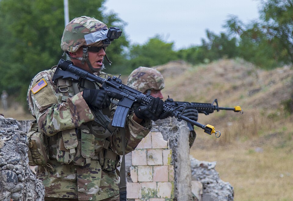 Georgia Army National Guardsmen with the Monroe-based 178th Military Police Company, advances to the perimeter of their objective at Vaziani Training Area, Georgia, during Agile Spirit 19, Aug. 8, 2019. A security perimeter was kept to maintain the security of the detainee holding area.
U.S. Army Na
