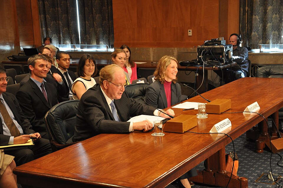 Senator Jay Rockefeller introduces Sylvia Mathews Burwell, a native of Hinton, West Virginia, before her nomination hearing on 9 April 2013 in the Senate Committee on Homeland Security and Governmental Affairs for the position of Director of the U.S. Office of Management and Budget (OMB).