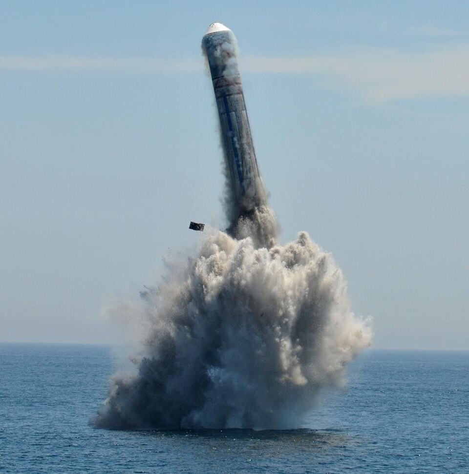 A Julang-2 (JL-2) submarine-launched ballistic missile of the People's Liberation Army Navy breaks a