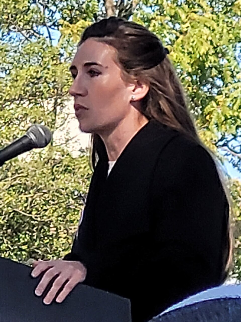 Photograph of Ashley Ehasz giving a speech at a campaign event