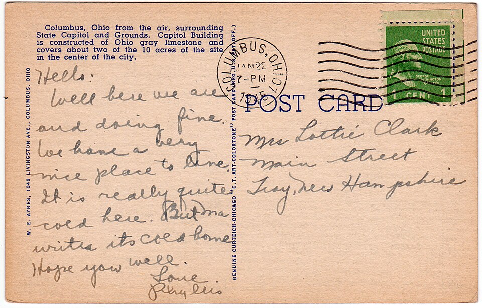 Description on front of card: Capitol Square, in the Heart of Columbus, Ohio
Description on back of card:
Columbus, Ohio from the air, surrounding State Capitol and Grounds. Capitol Building is constructed of Ohio gray limestone and covers about two of the 10 acres of the site in the center of the c