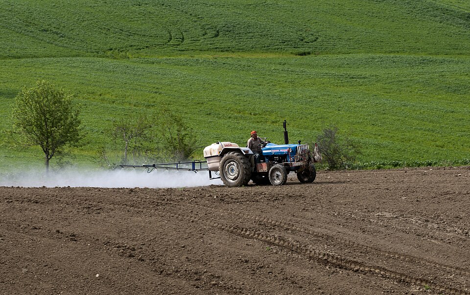 Pesticide application for chemical control of nematodes in a sunflower planted field. Karaisalı, Adana - Turkey.