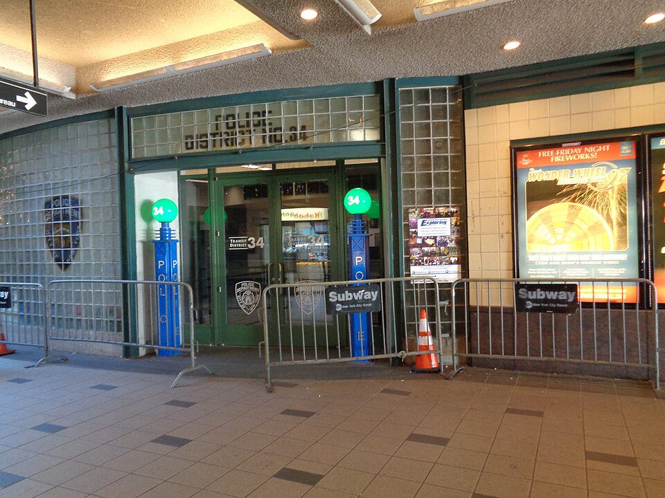 NYPD Transit Police District 34 inside the Coney Island–Stillwell Avenue terminal building in Coney Island, Brooklyn. Note the subway entrance globes in front of the door.