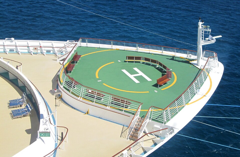 I photographed this helicopter landing area on Adventure of the Seas from our cruise ship, Celebrity Equinox.  I learned later that Equinox also has a place for helicopters to land.  

I believe helicopters are used mainly for removing passengers who have medical emergencies.