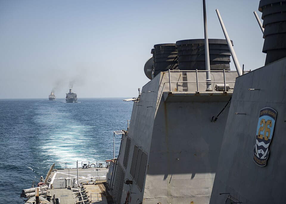 160626-N-GP524-236
STRAIT OF HORMUZ (June 26, 2016) USS Stout (DDG 55) leads the Military Sealift Command fleet replenishment oiler USNS John Ericsson (T-AO 194), center, and the San Antonio-class amphibious transport dock USS New Orleans (LPD 19), left, through the Strait of Hormuz. Stout, an Arlei