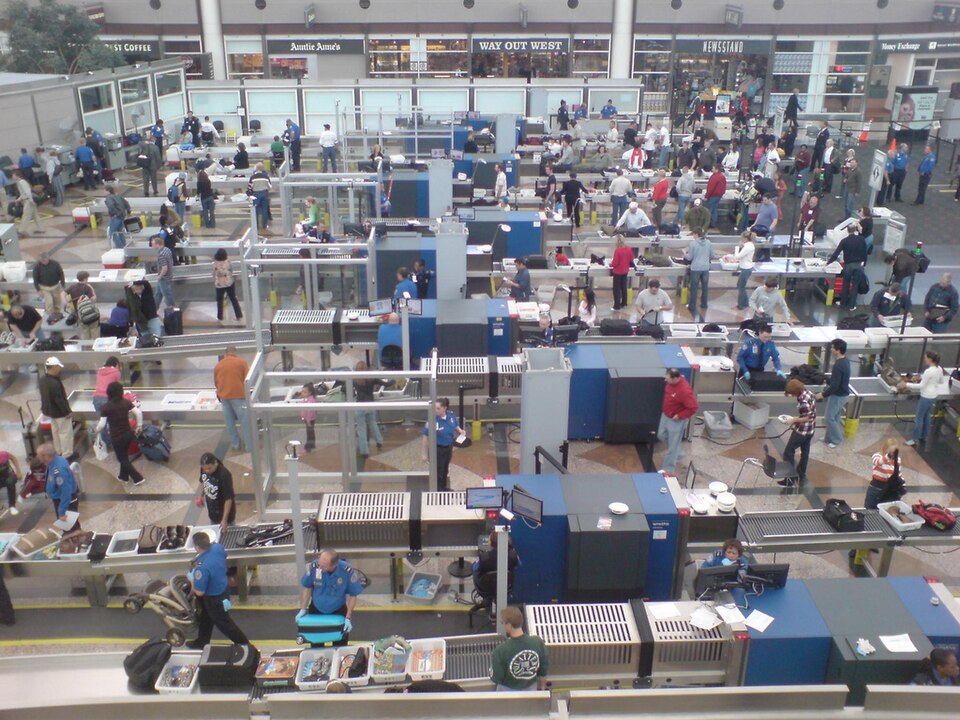 An overhead view of the security screening area at Denver International Airport.