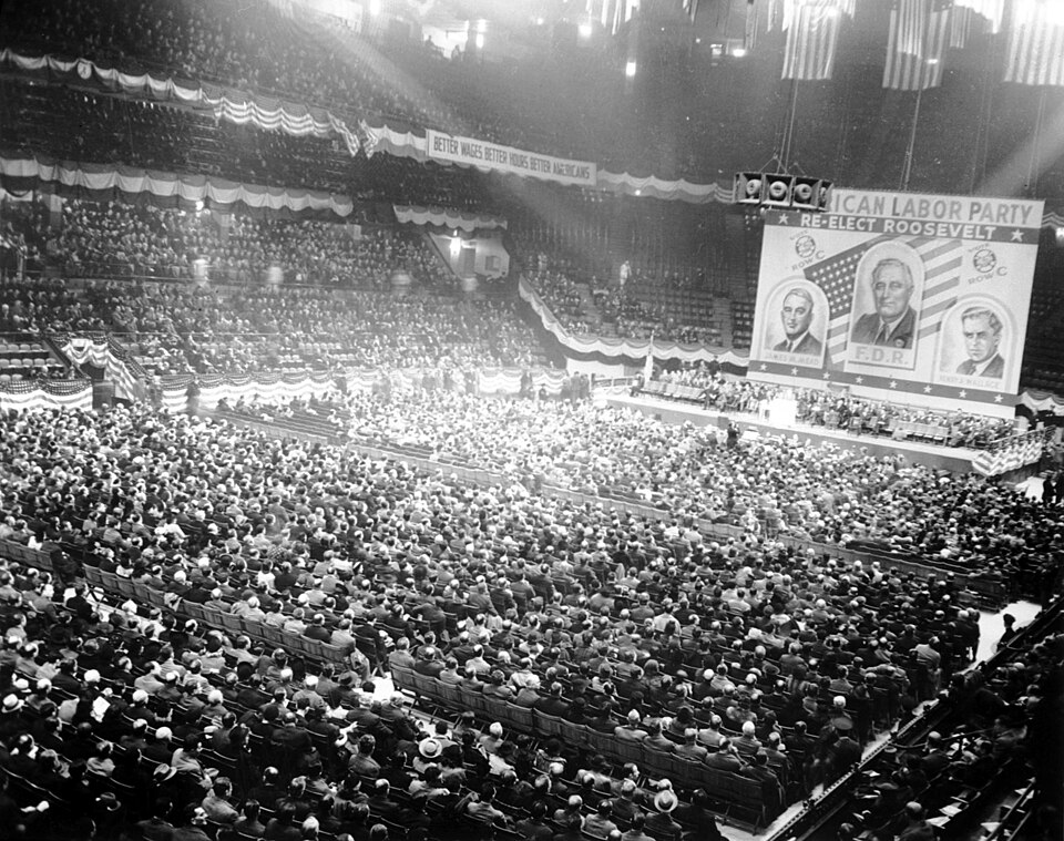 Title: Crowd at the American Labor Party  rally to re-elect Roosevelt

           Date: Unknown
           
           Photographer: Unknown
           
           Photo ID:  5780PB1F15D
           
           Collection: International Ladies Garment Workers Union Photographs (1885-1985)
           