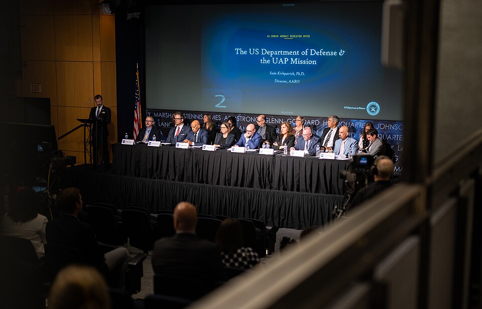 Dr. Sean Kirkpatrick, director of All-domain Anomaly Resolution Office at the Department of Defense, left, gives a presentation during a public meeting of NASA’s unidentified anomalous phenomena (UAP) independent study team, Wednesday, May 31, 2023 at the Mary W. Jackson NASA Headquarters building i