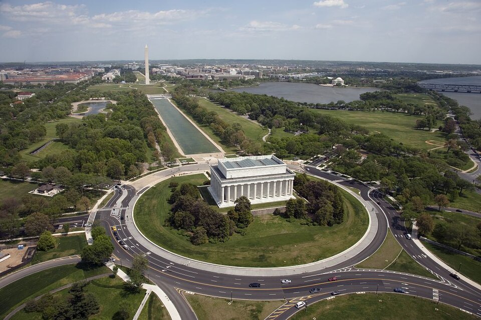 Aerial of Mall showing Lincoln Memorial, Washington Monument and the U.S. Capitol, Washington, D.C.