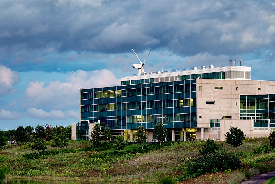 The headquarters office of Great River Energy, an electric utility company, at 12300 Elm Creek Boulevard in Maple Grove, Minnesota. Great River Energy is the second largest electricity utility in Minnesota based on generating capacity, and its HQ has a 200 kilowatt wind turbine installed next to the