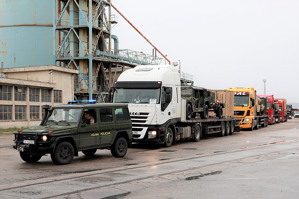 A Montenegro Army Military Police escort prepares to lead a convoy in support of DEFENDER 23 on May, 15th 2023. The trucks took on rolling stock equipment from the 34th Infantry Division, Minnesota National Guard with support from Reserve Soldiers of the 793rd Movement Control Team, 510th Regional S