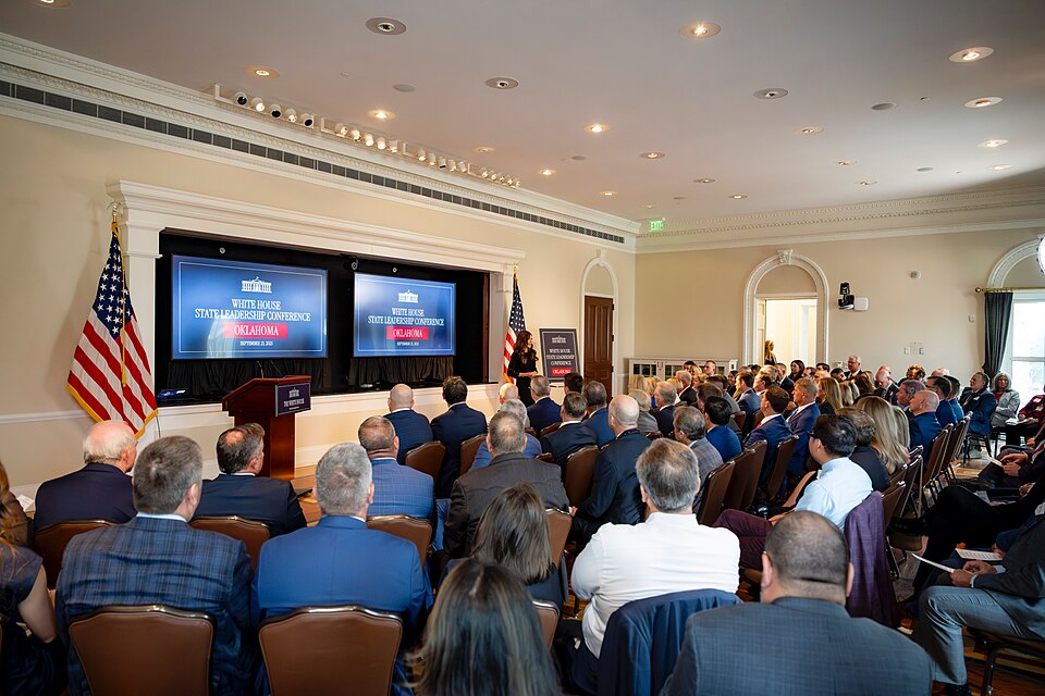 Department of Homeland Security (DHS) Secretary Kristi Noem attends the Oklahoma State Leadership Conference at the Eisenhower Executive Office Building in Washington, D.C., Sept. 23, 2025. (DHS photo by Mikaela McGee)