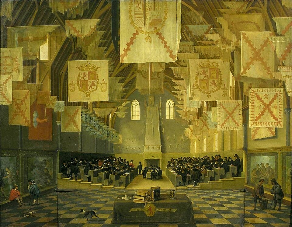 Great Assembly of the States-General in 1651. The painting consists of a 52 × 66 cm wooden panel with attached to it a smaller 9 × 42 cm copper plate. When this plate is raised the view on the Great Assembly is obscured by a wall of paintings (see File:Bartholomeus van Bassen - The Great Hall of the