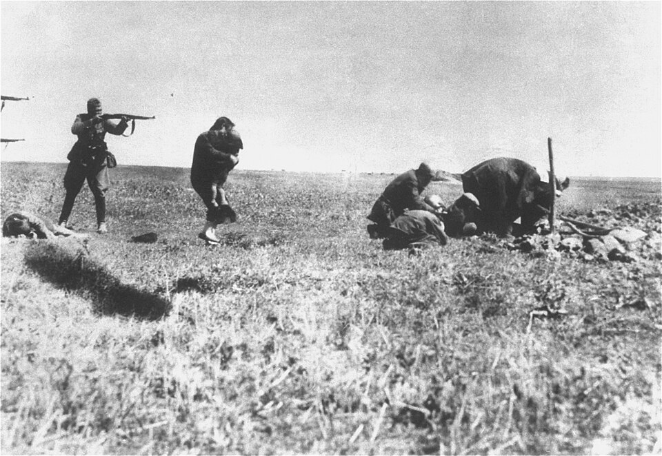 Executions of Jews by German army mobile killing units (Einsatzgruppen) near Ivangorod Ukraine. The photo was mailed from the Eastern Front to Germany and intercepted at a Warsaw post office by a member of the Polish resistance collecting documentation on Nazi war crimes. The original print was owne