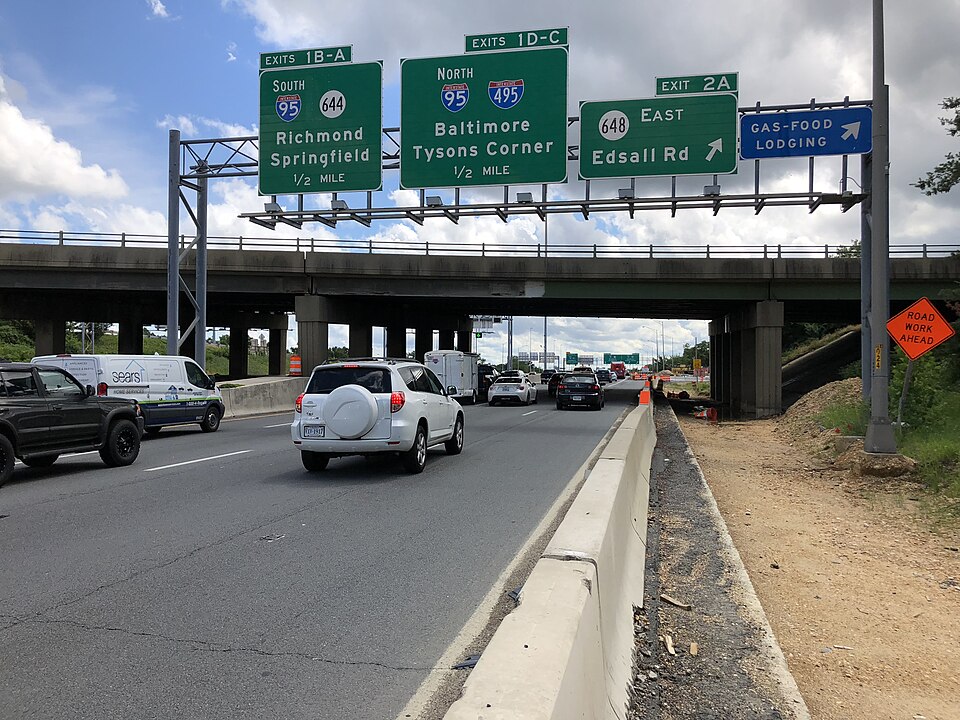 View south along Interstate 395 (Henry G. Shirley Memorial Highway) at Exit 2A (Virginia State Route 648 EAST/Edsall Road) in Lincolnia, Fairfax County, Virginia