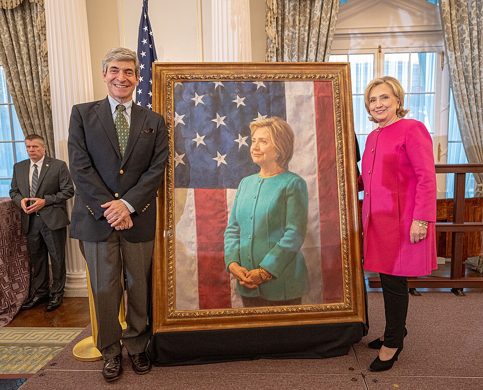 Former Secretary of State Hillary Rodham Clinton joined Secretary of State Antony J. Blinken at an event for the unveiling of her portrait at the U.S. Department of State on September 26, 2023 in Washington, D.C. Also in attendance were artist of the portrait Steven Polson, former President Bill Cli