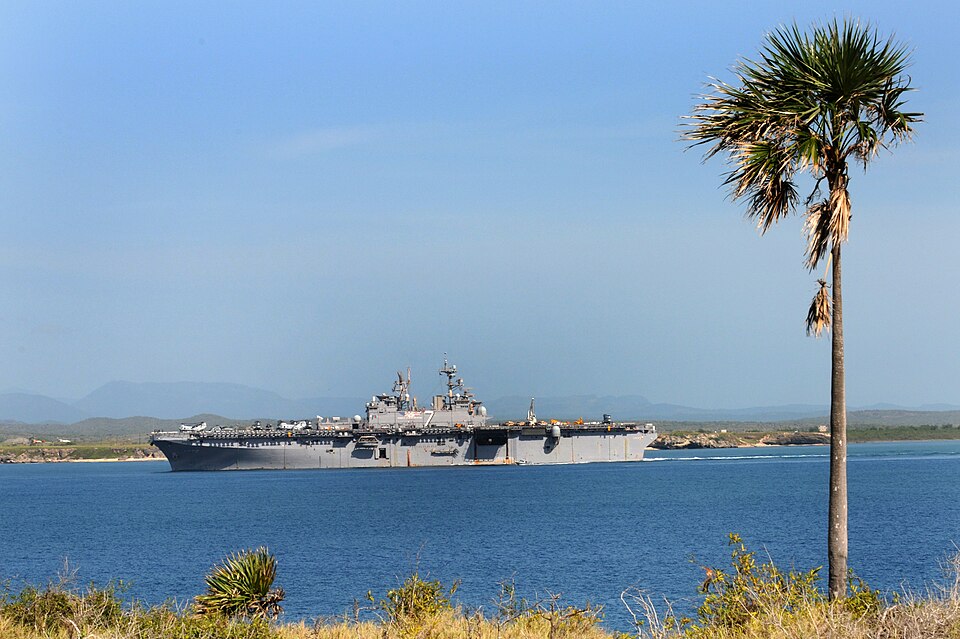 The multi-purpose amphibious assault ship USS Iwo Jima departs Naval Station Guantanamo Bay after refueling and taking on supplies, Aug. 4, 2010. Before arriving at Guantanamo Bay, Iwo Jima completed the first phase of Continuing Promise 2010, a four-month humanitarian and civic assistance mission t