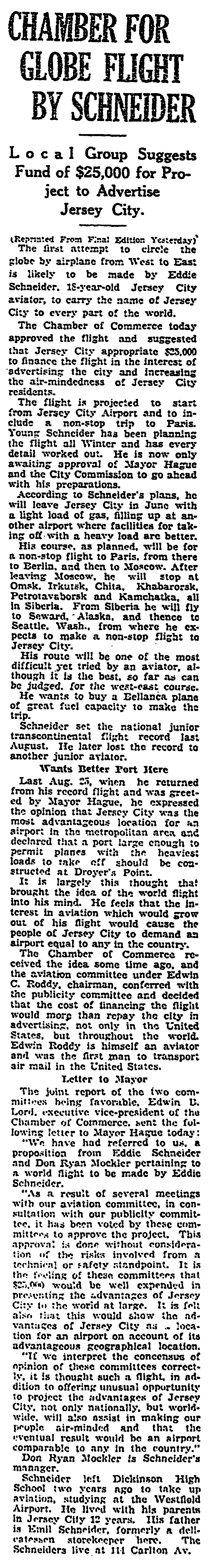 Eddie August Schneider (1911-1940) in the Jersey Journal of Jersey City, New Jersey on December 10, 1930