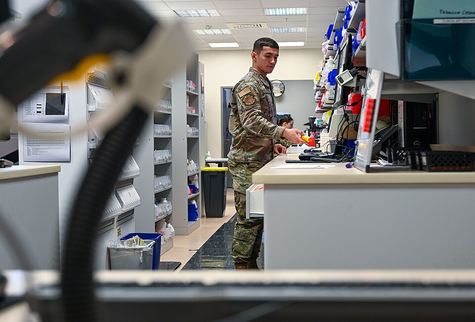U.S. Air Force Senior Airman Connor Colassaco, 52nd Medical Group pharmacy vault custodian, fills prescription orders at Spangdahlem Air Base, Germany, Dec. 14, 2022. The 52nd MDG Pharmacy provides medication for all active-duty service members, family members and retirees. (U.S. Air Force photo by 