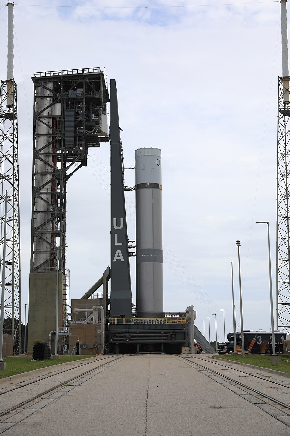 A pathfinder test article of United Launch Alliance’s (ULA) Vulcan Centaur rocket is seen at Space Launch Complex 41 at Cape Canaveral Space Force Station in Florida on Aug. 26, 2021. The pathfinder booster is undergoing a series of fueling tests to validate the infrastructure in place at the launch
