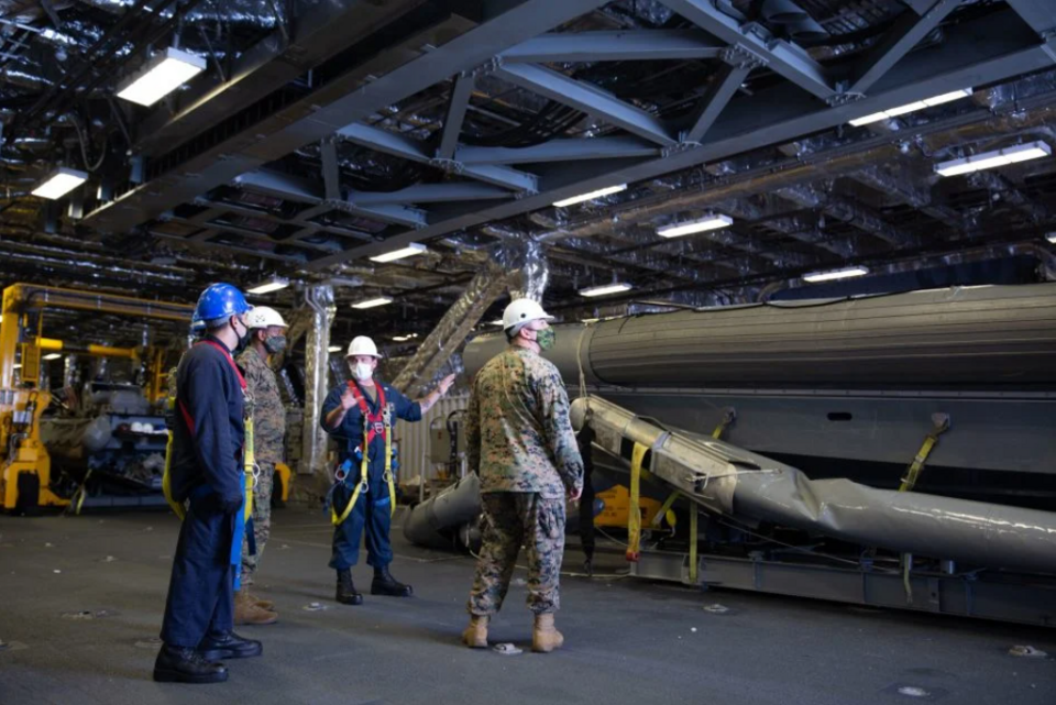 U.S. Marines with U.S. Marine Corps Forces, South assist with preparations to launch a rigid-hulled inflatable boat aboard the United States Navy littoral combat ship USS Gabrielle Giffords (LCS 10) in the eastern Pacific Ocean.