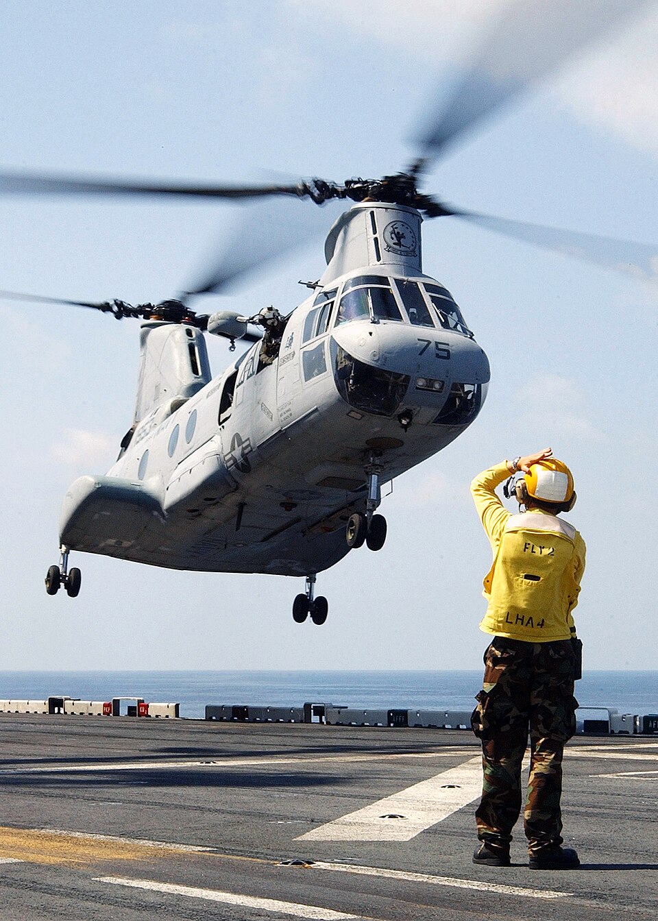 At sea aboard USS Nassau (LHA 4) Nov. 7, 2002 -- The LSE (Landing Signal Enlisted) crewmember guides a U.S. Navy CH-46 “Sea Knight” assigned to “Hustlers” of Helicopter Combat Support Squadron (HC-6) to a safe landing during flight quarters conducted aboard the amphibious assault ship, while operati