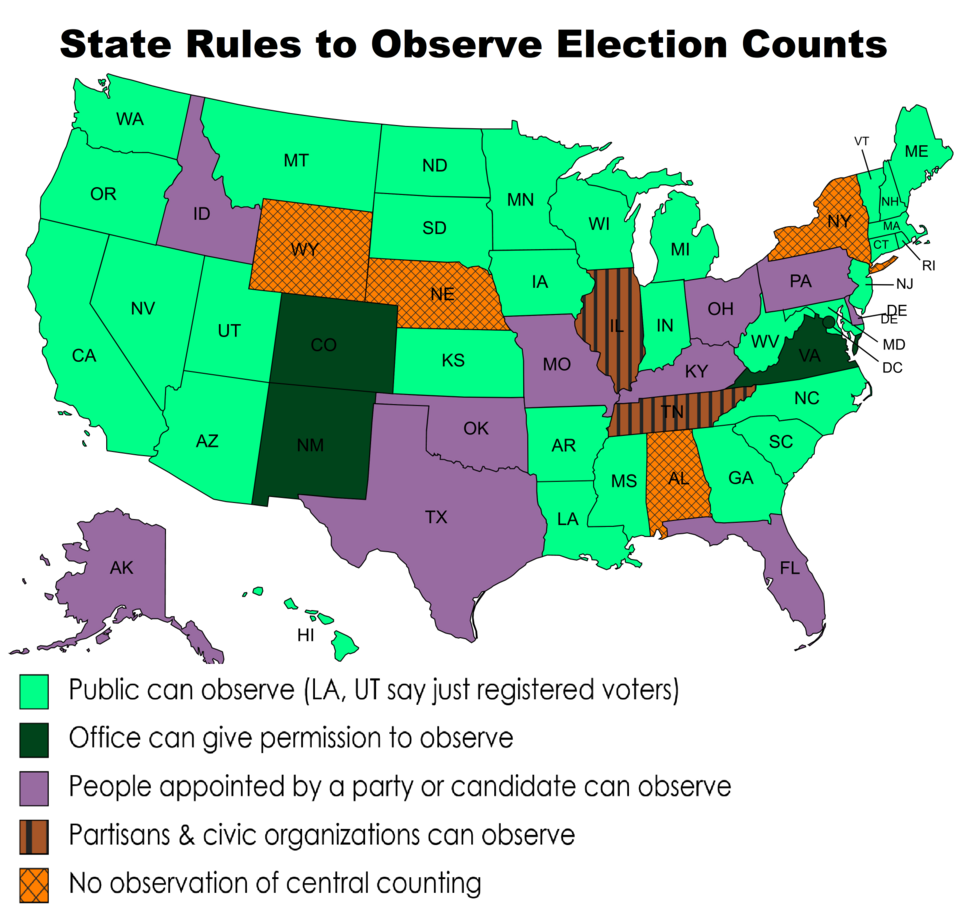 Source: state laws and https://www.ncsl.org/elections-and-campaigns/policies-for-election-observers