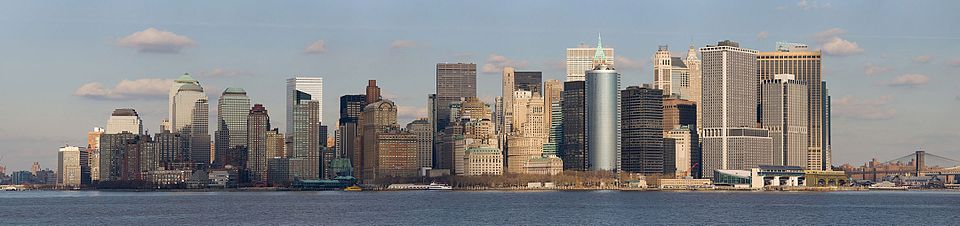A panorama of Lower Manhattan as viewed from the Staten Island Ferry. This is a composite of 12 segments stitched together. It was taken by myself with a Canon 5D and 70-200mm f/2.8L lens at 200mm and f/8.
