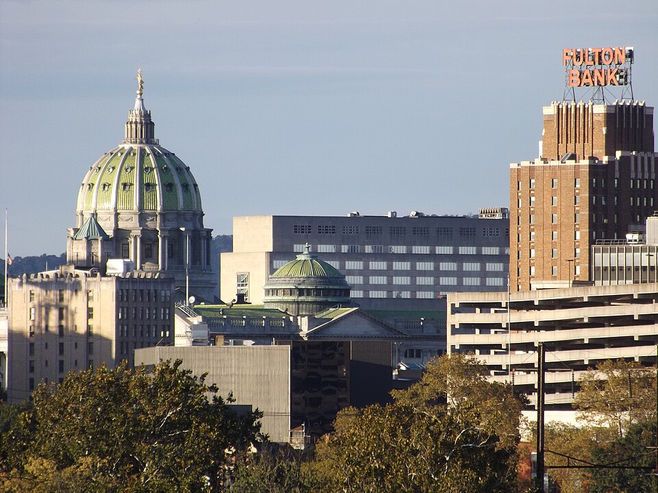Skyline of Harrisburg PA including the capitol and Fulton bank tower