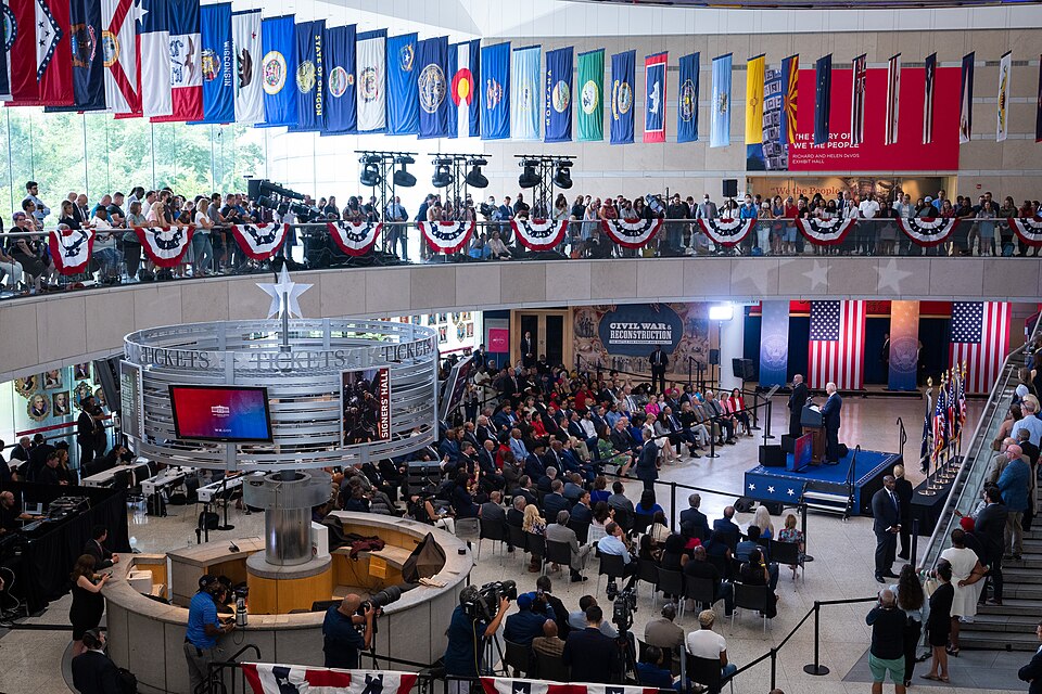 President Joe Biden delivers remarks on voting rights Tuesday, July 13, 2021, at the National Constitution Center in Philadelphia. (Official White House Photo by Adam Schultz)the Montana flag is hanged upside down compared to all others.