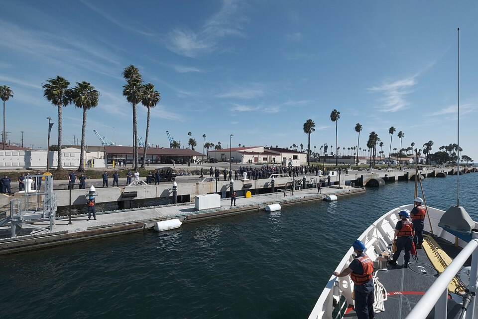Crewmembers aboard the Coast Guard Cutter Robert Ward (WPC-1130) stand by to handle lines as the ship prepares to moor at its homeport at Coast Guard Base Los Angeles-Long Beach for the first time, Oct. 31, 2018. The Robert Ward is the second of four new Fast Response Cutters to be stationed in San 