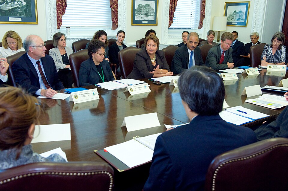 Left to right, Kenneth Salazar, Secretary, Department of Interior, Nancy Sutley, Chair, Council on Environmental Quality, Lisa P. Jackson, Administrator, Environmental Protection Agency, Eric Holder, Attorney General, Shaun Donavan, Secretary, Department of Housing and Urban Development, Carol Brown
