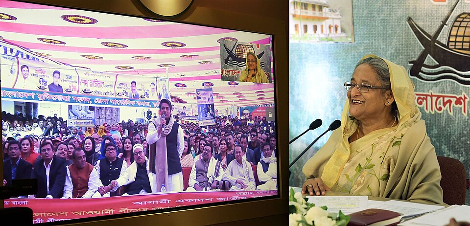 Prime Minister Sheikh Hasina addressed public rallies in Chandpur, Kushtia, and Naogaon via video conference from her residence, Sudha Sadan, in Dhanmondi, Dhaka (Wednesday, December 26, 2018)..mw-parser-output .messagebox{margin:4px 0;width:auto;border-collapse:collapse;border:2px solid var(--borde
