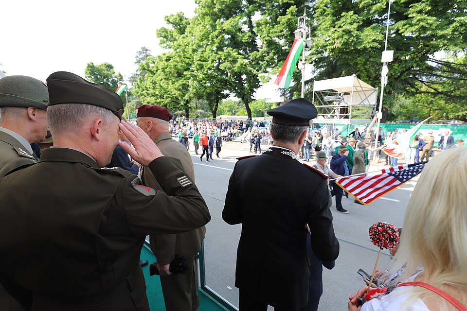 U.S. Army Maj. Gen. Todd Wasmund, U.S. Army Southern European Task Force, Africa (SETAF-AF) commanding general, left, salutes the American flag during the pass-in-review during the 95th National Alpini Rally parade in Vicenza, Italy, May 12, 2024. The American flag was displayed in the parade as a t