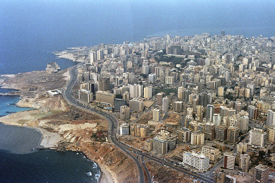 An aerial view of West Beirut and the Mediterranean shoreline. Buildings throughout the city have been damaged by shelling during ongoing confrontation between Israeli forces and the Palestine Liberation Organization (PLO)