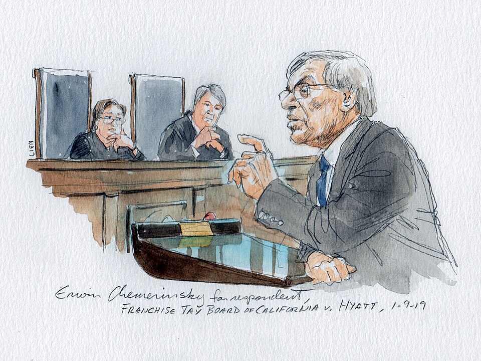 Erwin Chemerinsky presents oral arguments before the US Supreme Court in the case Franchise Tax Board of California v. Hyatt. He represents the respondent, Gilbert Hyatt. In the background, Justices Elena Kagan and  Brett Kavanaugh look on.