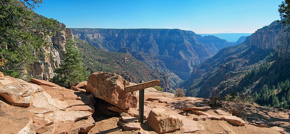 From Coconino Overlook on the North Kaibab Trail, the view is looking down into Roaring Springs Canyon. Even the short hike to Coconino Overlook (1.5 miles / 2.4 km round-trip) or Supai Tunnel (4 miles / 6.5 km round-trip) can give you an appreciation for the canyon's rich natural beauty and immense