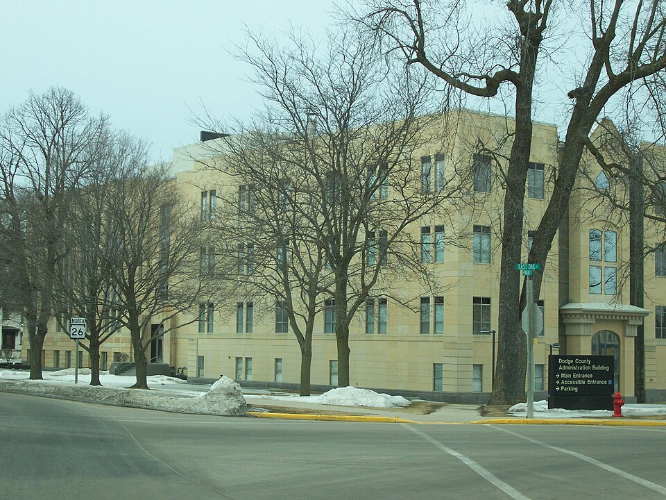 The Dodge County, Wisconsin courthouse in Juneau, Wisconsin, USA on Wis. Highway 26.