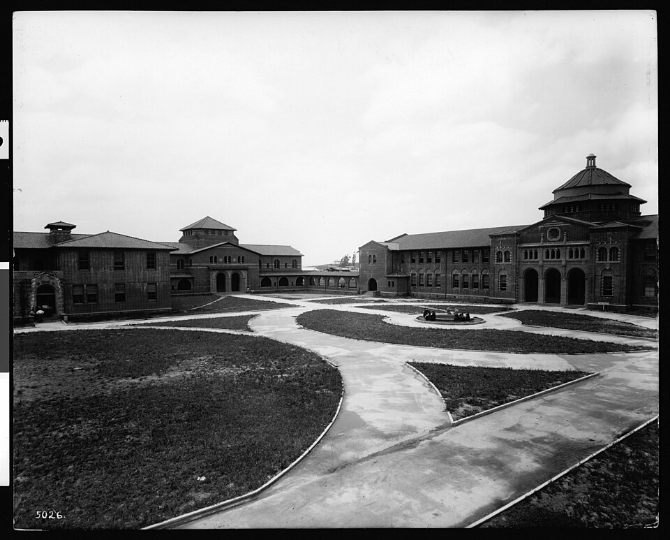 Buildings and the courtyard of the Southern Branch of the University of California, Los Angeles, aft