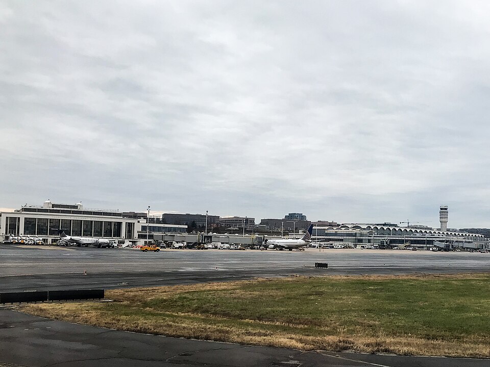 View of old and new terminals and control tower at Reagan Washington National Airport.
